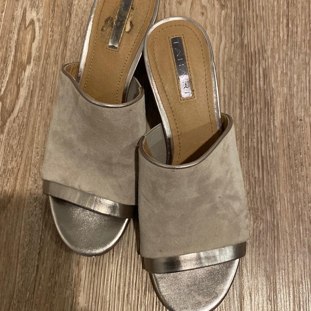Tahari gray block heel slides